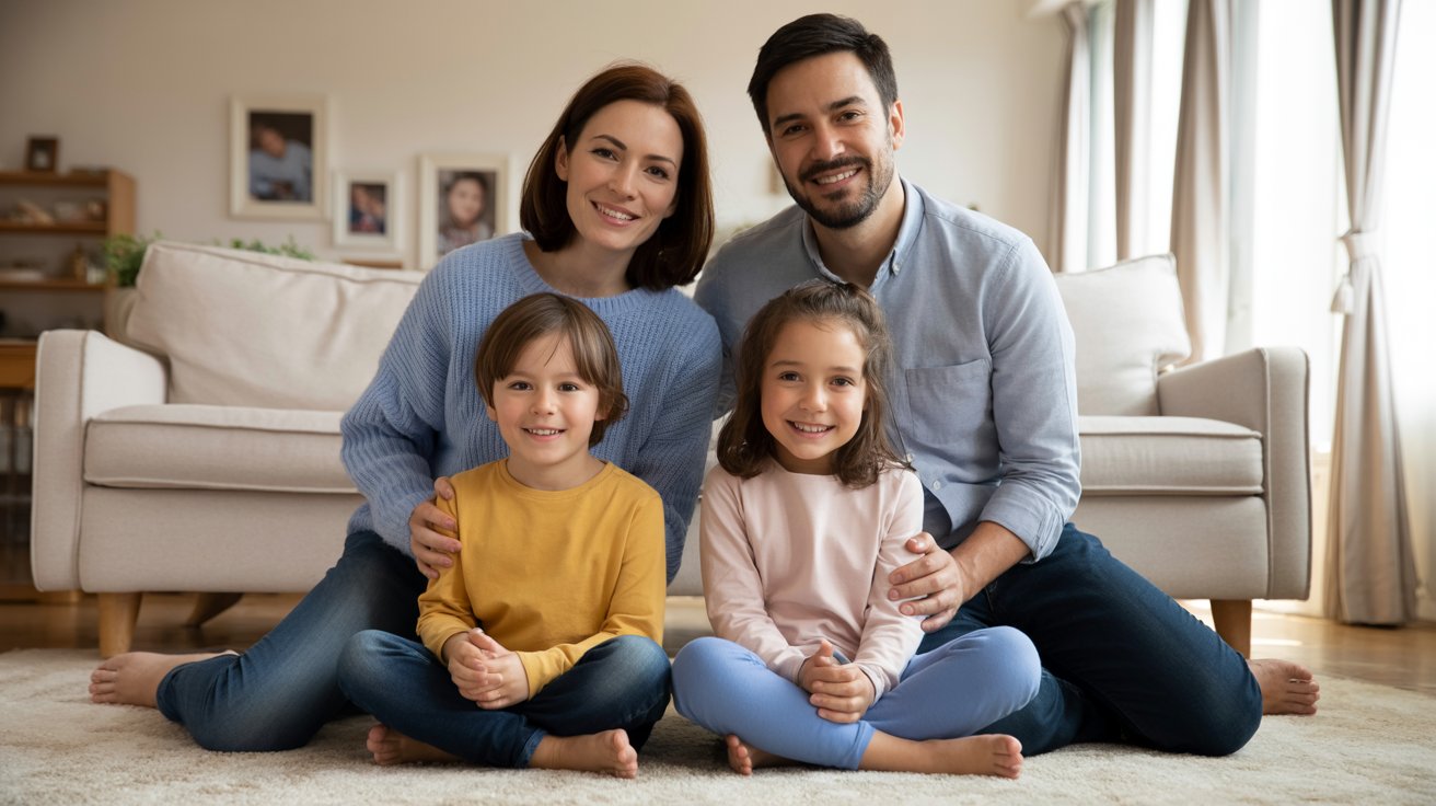 A family of four sits on the floor, smiling, in front of a cozy couch in a warm living room setting.