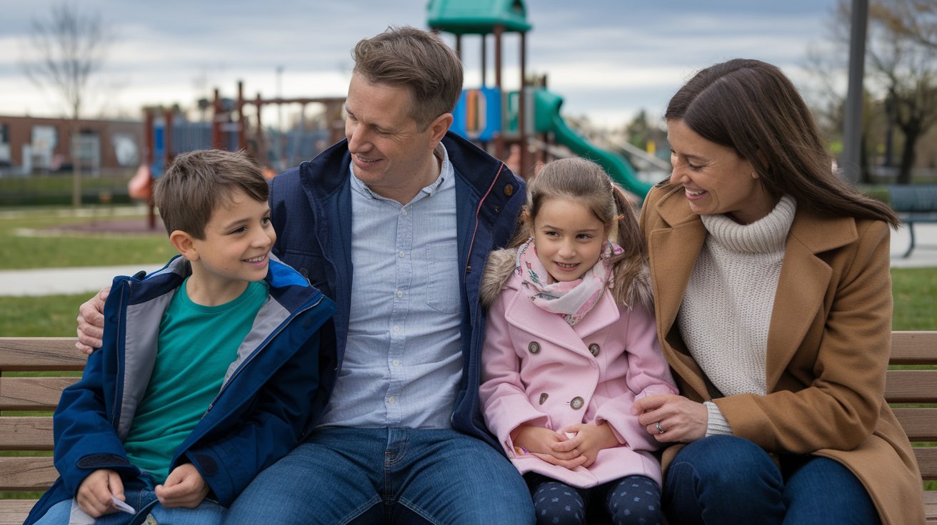 A family of four sitting together on a park bench, enjoying a sunny day in a green park.