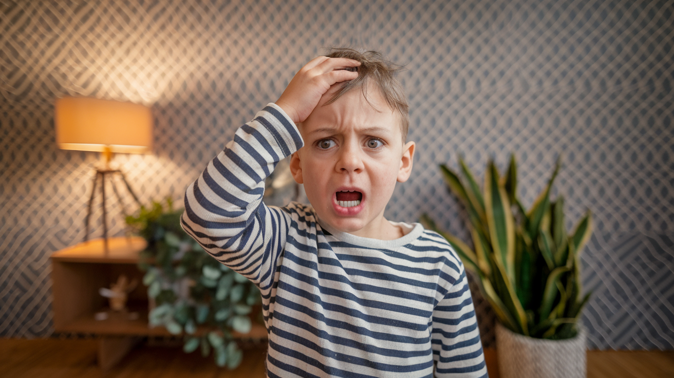 A young boy holds his head with both hands, gazing directly at the camera with a thoughtful expression.