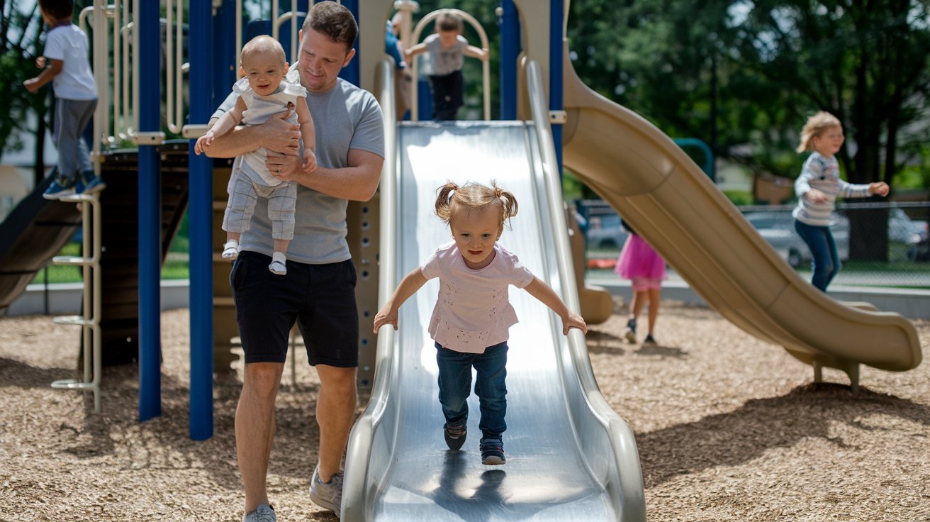 A man and two children joyfully sliding down a playground slide on a sunny day.