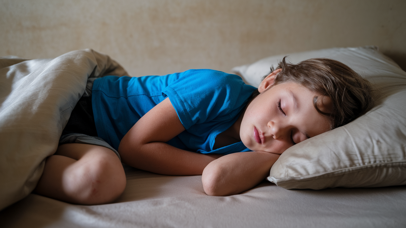 A young boy peacefully sleeping in bed surrounded by soft pillows.