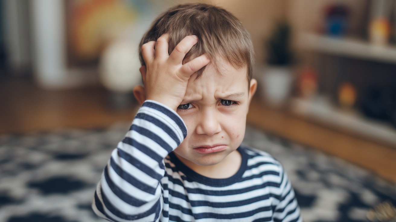 A young boy sits with his head in his hands, expressing distress or frustration.