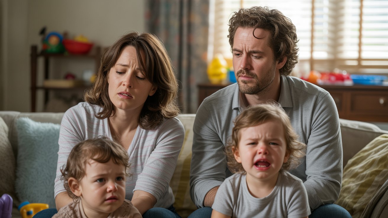 A man and woman sit on a couch with two children, creating a cozy family scene in a living room.