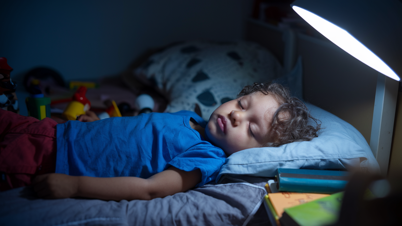 A young child peacefully sleeping in bed, illuminated by a soft lamp light.