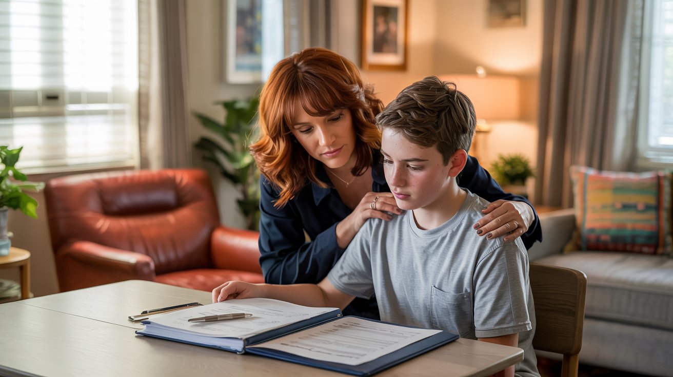 A woman and a boy sit at a table, engaged in reading a book together.