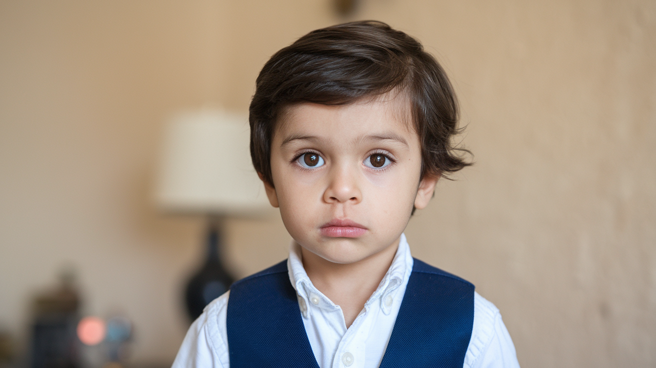 A young boy wearing a vest and shirt smiles while looking directly at the camera.