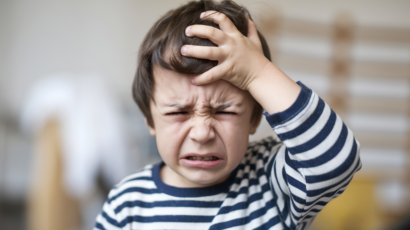 A young boy sits with his head in his hands, expressing distress or frustration.