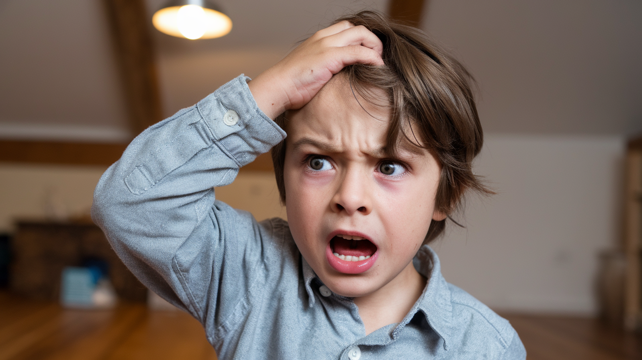 A young boy sits with his head in his hands, expressing frustration or sadness.