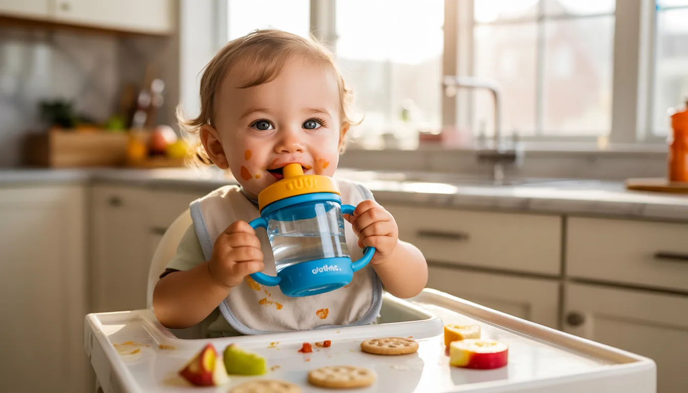 Toddler drinking water from a sippy cup during mealtime