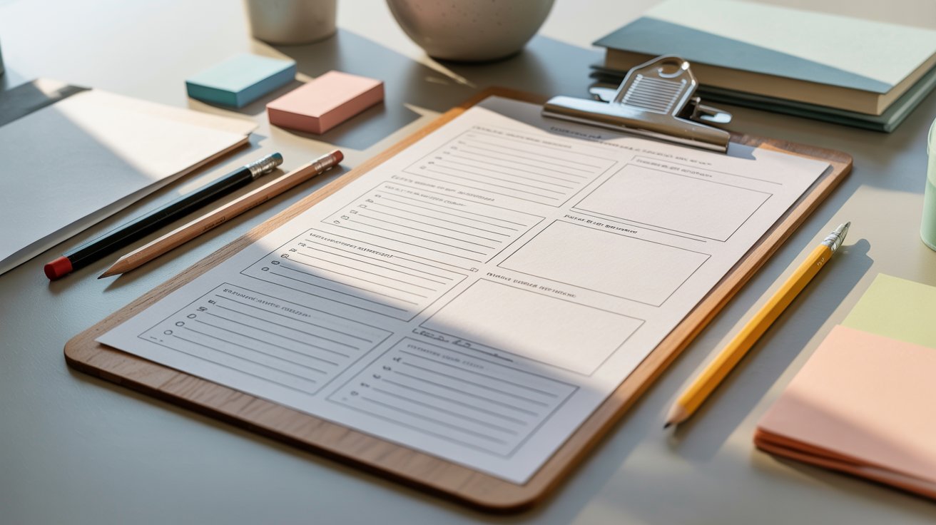 A clipboard with a notepad and pen rests on a wooden desk, ready for note-taking or organization tasks.