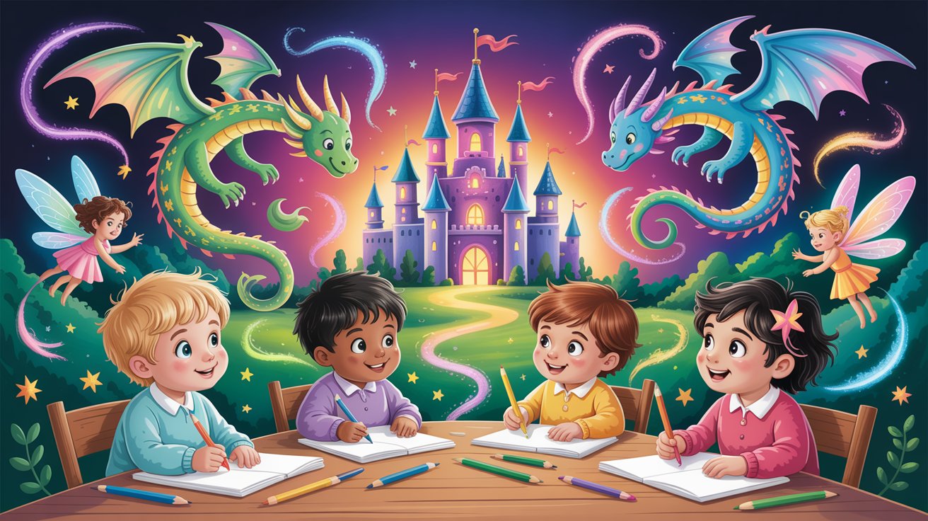 Children writing on paper in front of a large, historic castle under a clear blue sky.