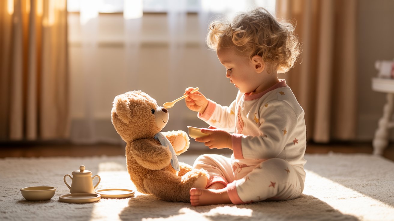 toddler caring for doll during pretend play