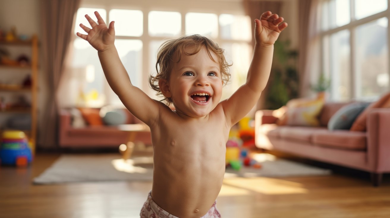 A toddler stands in a living room with hands raised, expressing excitement or joy.