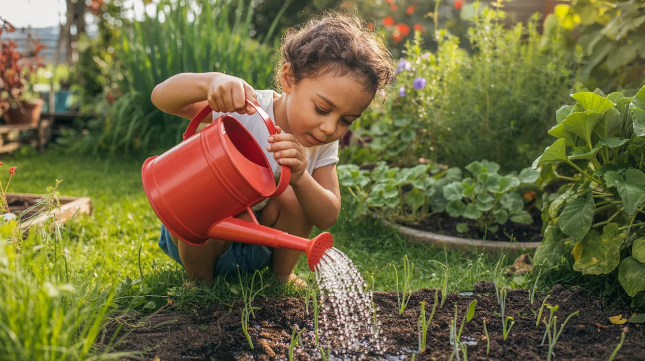 Child helping with gardening as life skills activity for kids.