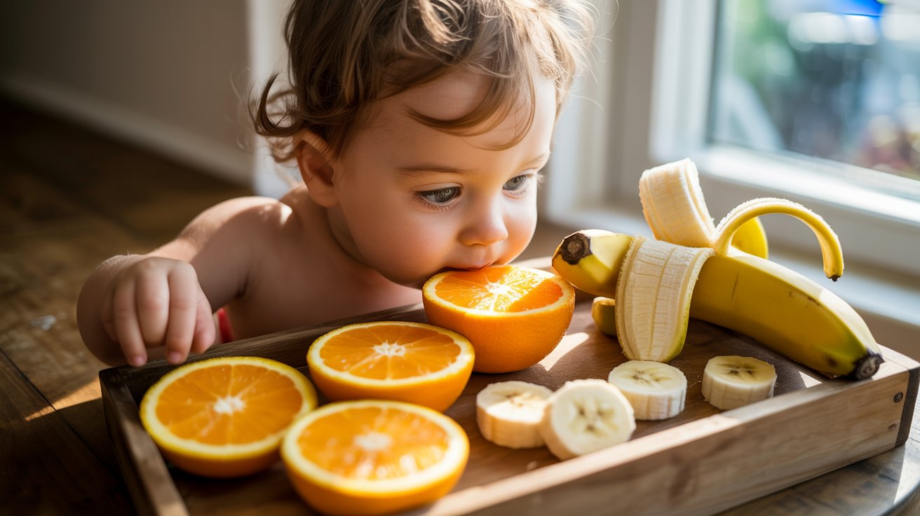 Toddler smelling fruits sensory activity