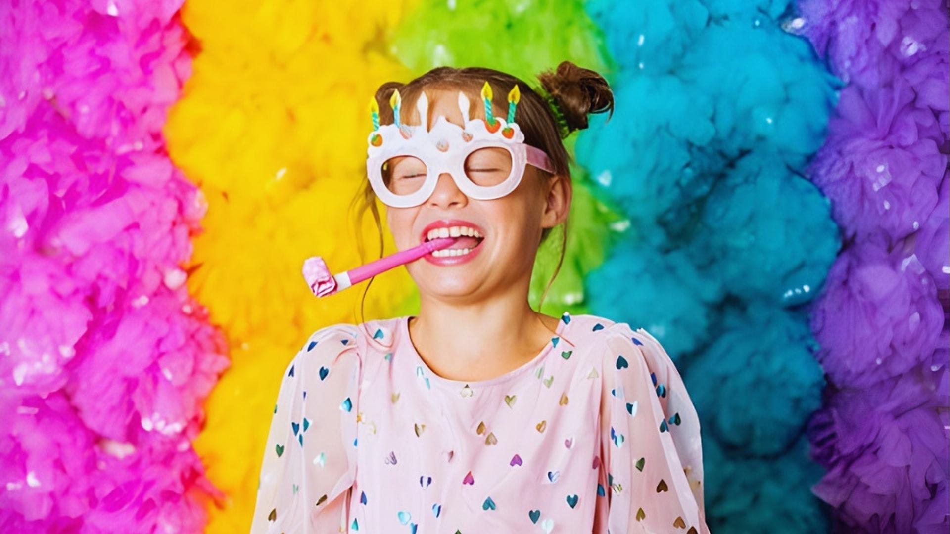 Laughing girl with birthday cake glasses, party blower, pink shirt, rainbow tissue backdrop.