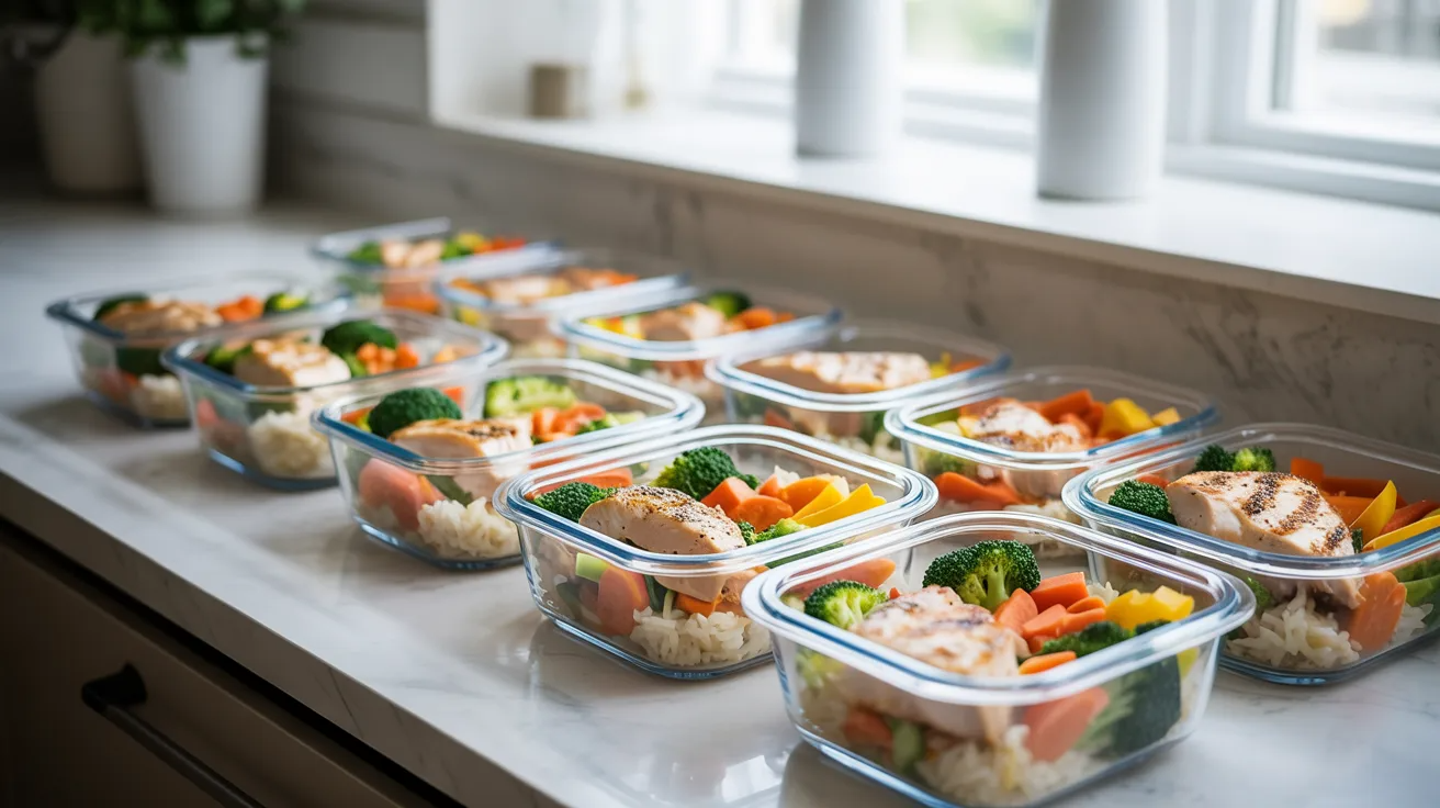 Chicken and rice meal prep bowls in containers as healthy toddler freezer meals.