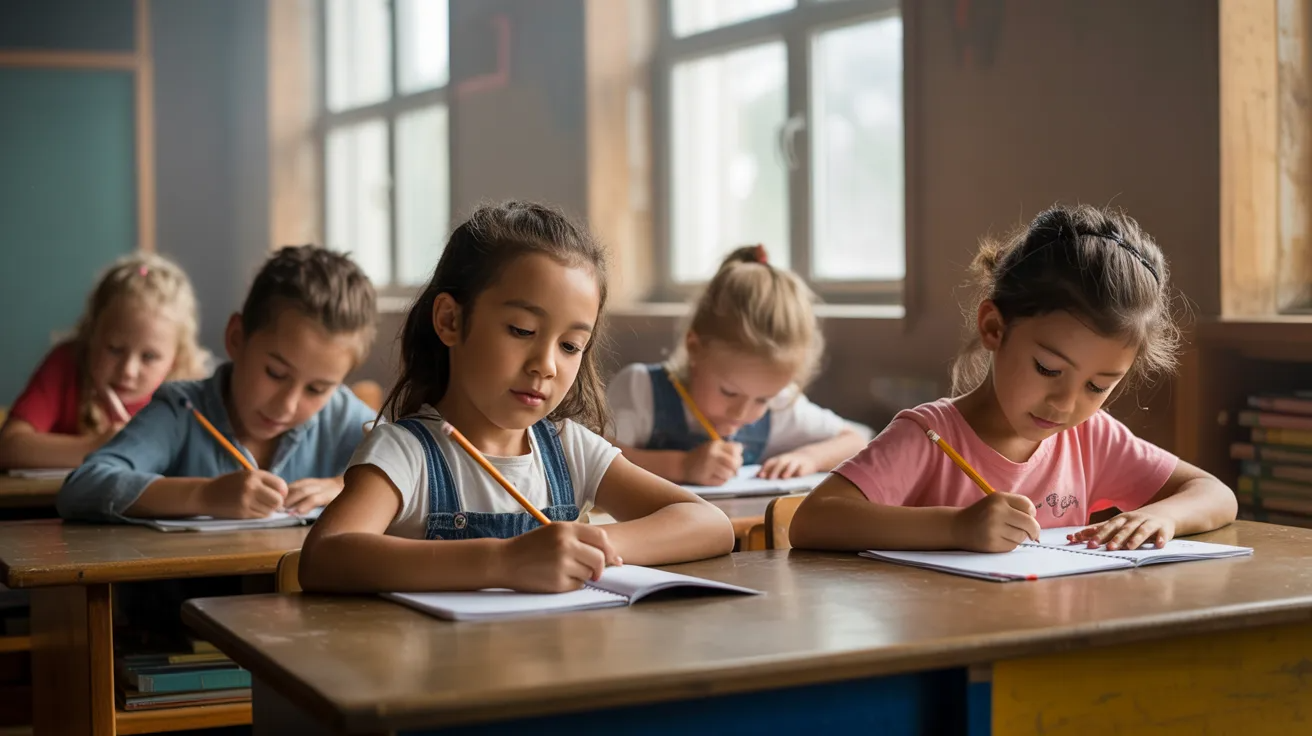Five elementary students sitting at wooden desks in a sunlit classroom, focused on writing in notebooks with pencils.