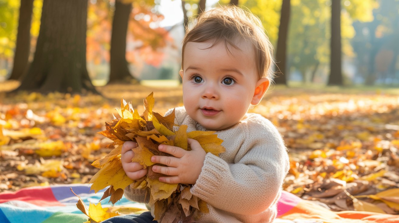 Toddler playing with dry leaves sensory activity