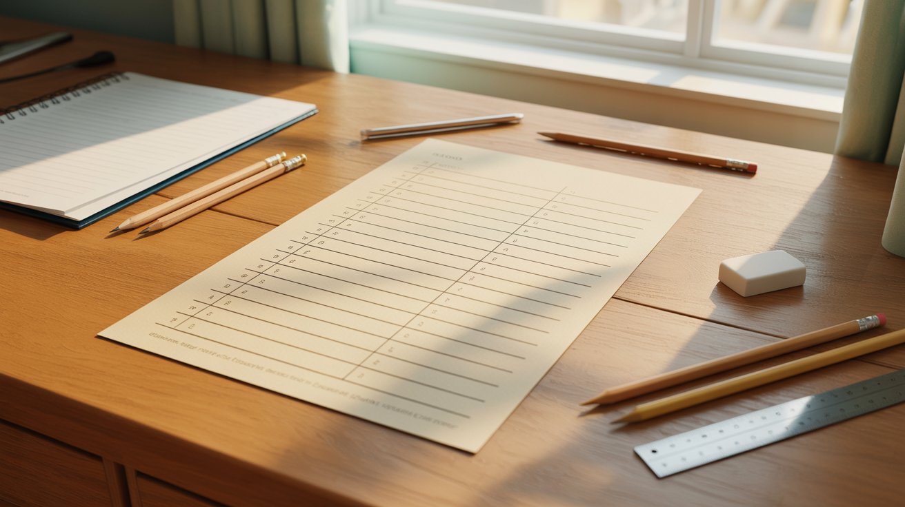 A desk featuring a paper, several pencils, and a ruler arranged neatly on its surface.