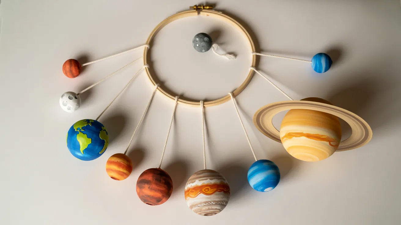 Hanging solar system mobile made from painted cardboard planets displayed as a kids classroom space craft.