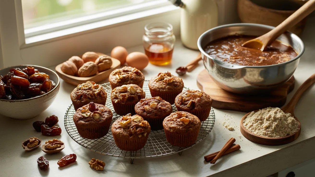 "Freshly baked dates and walnut muffins cooling on a rack with chopped dates, walnuts, and baking ingredients in a warm cozy kitchen scene showing a nutritious energy-rich snack for kids."