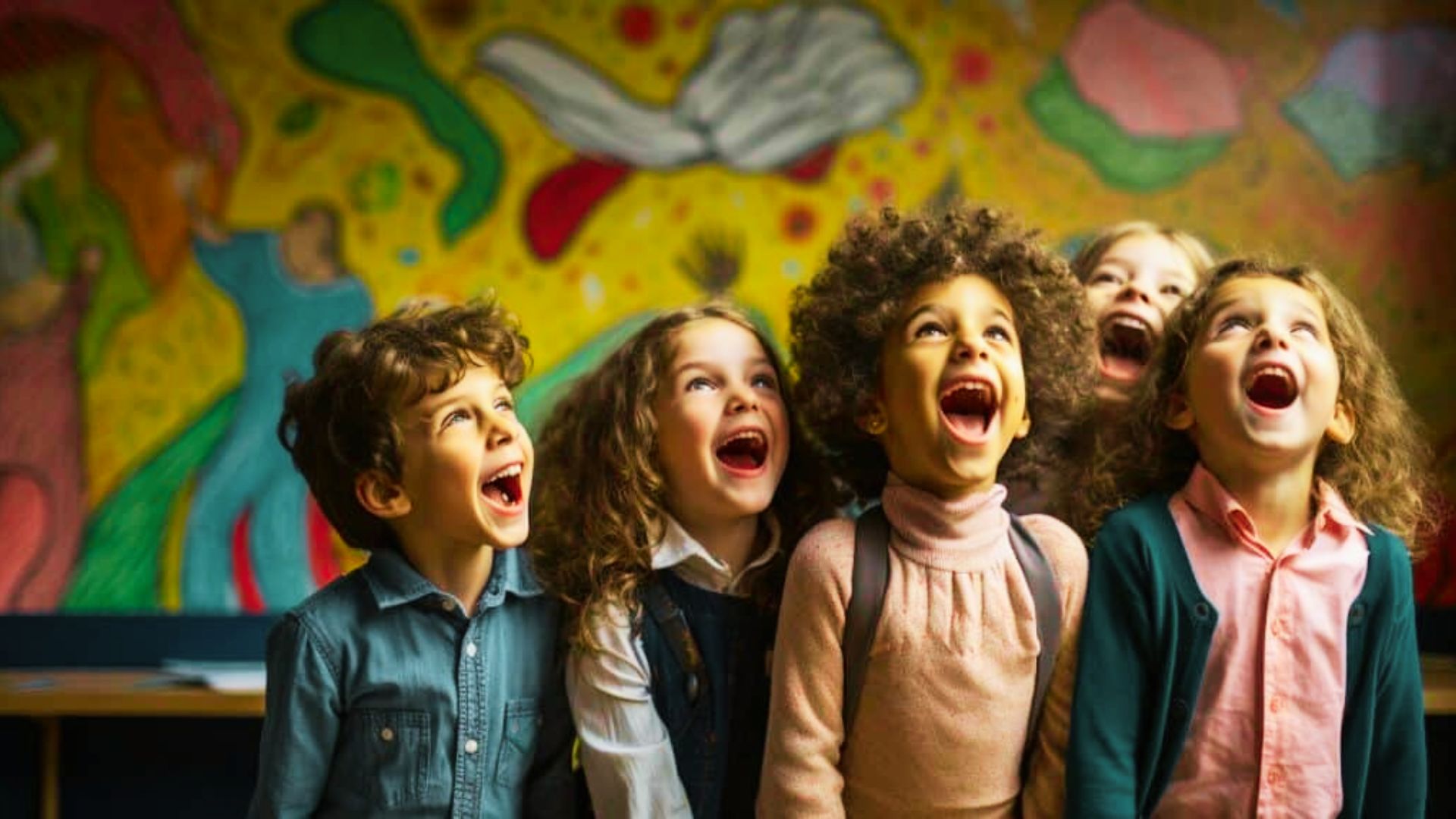 A group of children joyfully laughing and smiling in front of a colorful mural.