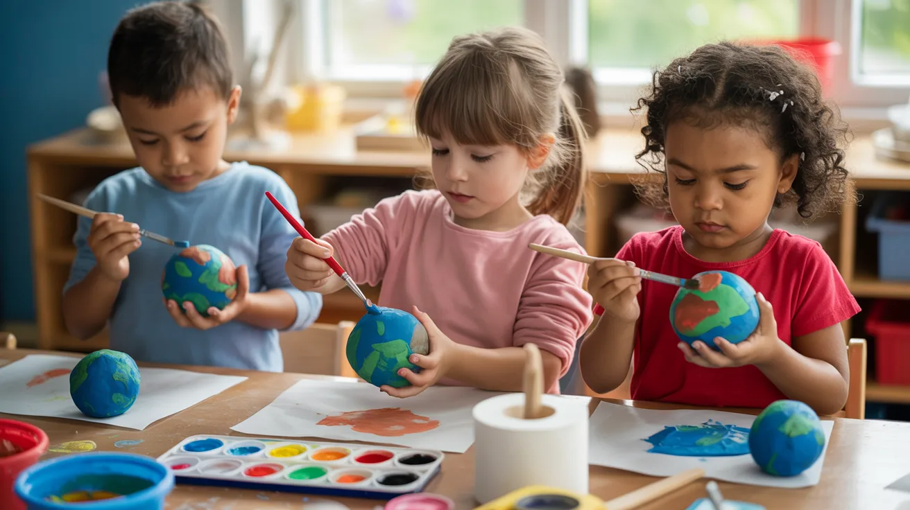 Kids making salt dough planets for solar system craft activity.