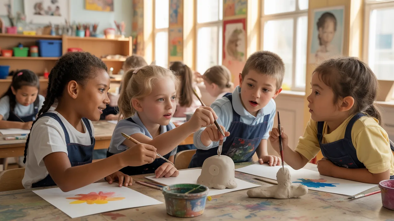 Four children painting together on a clay-based surface, engaged in a creative hands-on art activity with colorful materials and focused collaboration.