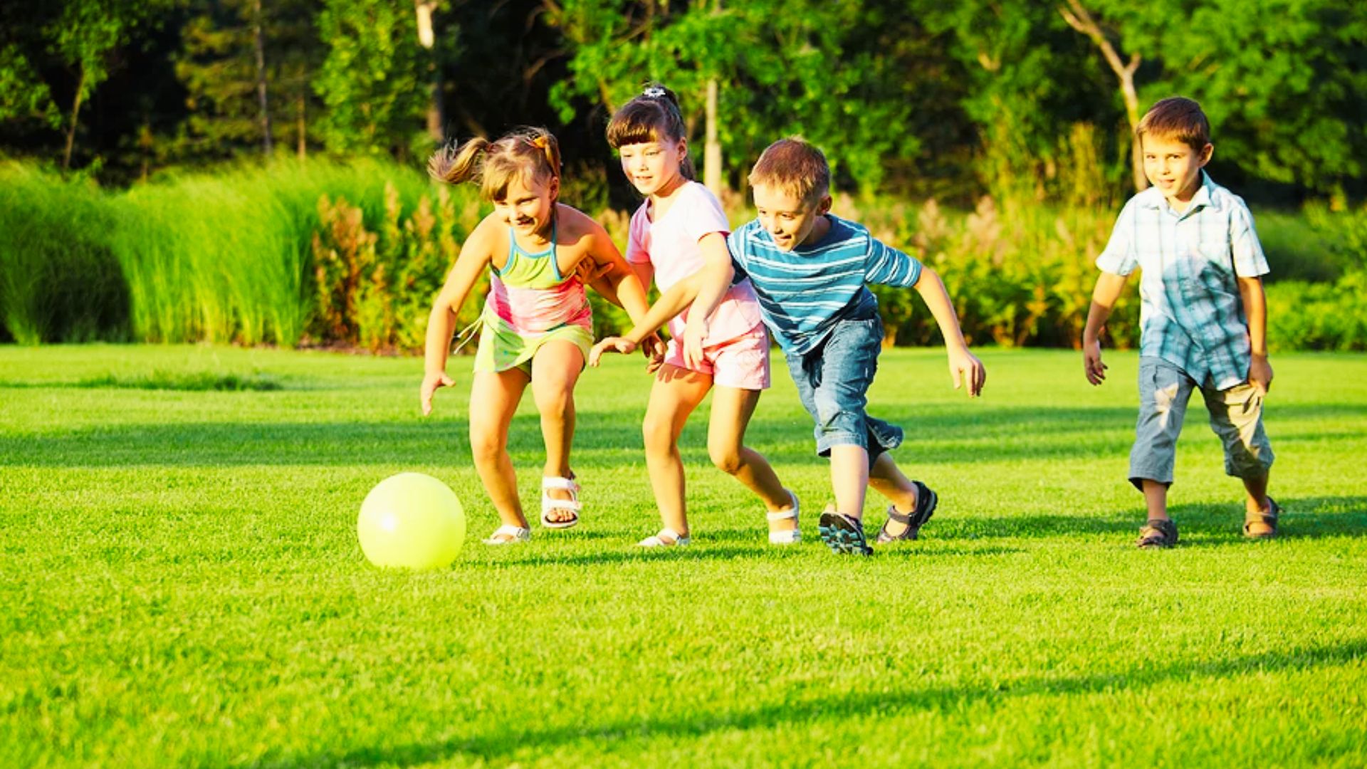 Children joyfully playing with a ball in a sunny park, surrounded by green grass and trees.