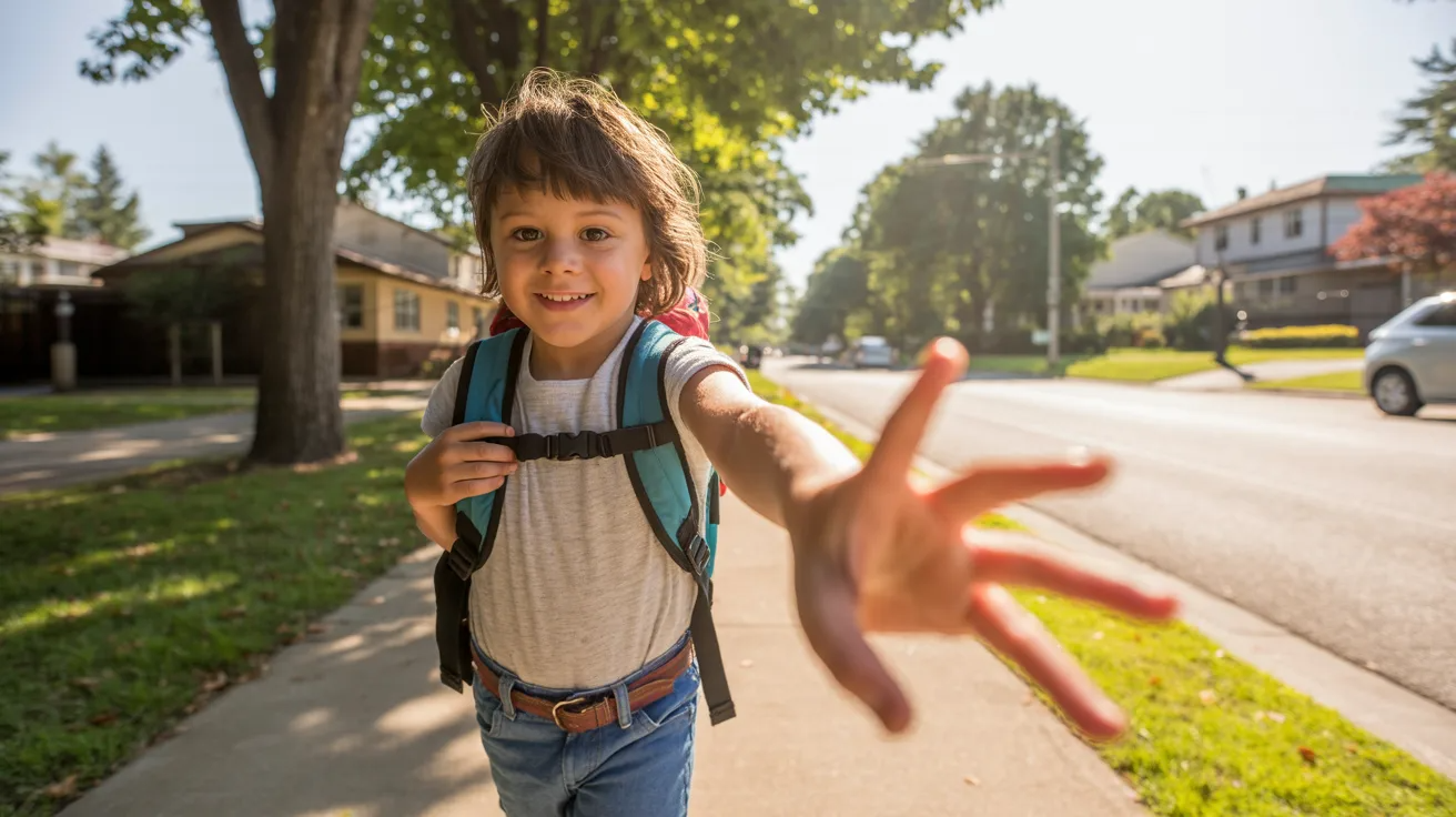 Child carrying own backpack as life skills activity for kids.