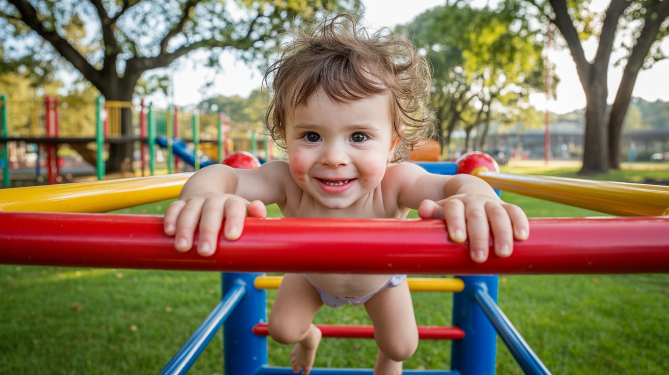 A baby joyfully plays on colorful playground equipment, exploring and enjoying the outdoor environment.