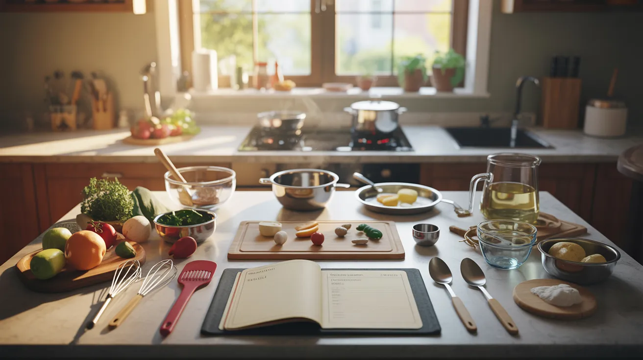 Cooking simple meals setup featuring basic kitchen ingredients and utensils arranged on a counter, designed for easy home cooking and beginner-friendly food preparation.