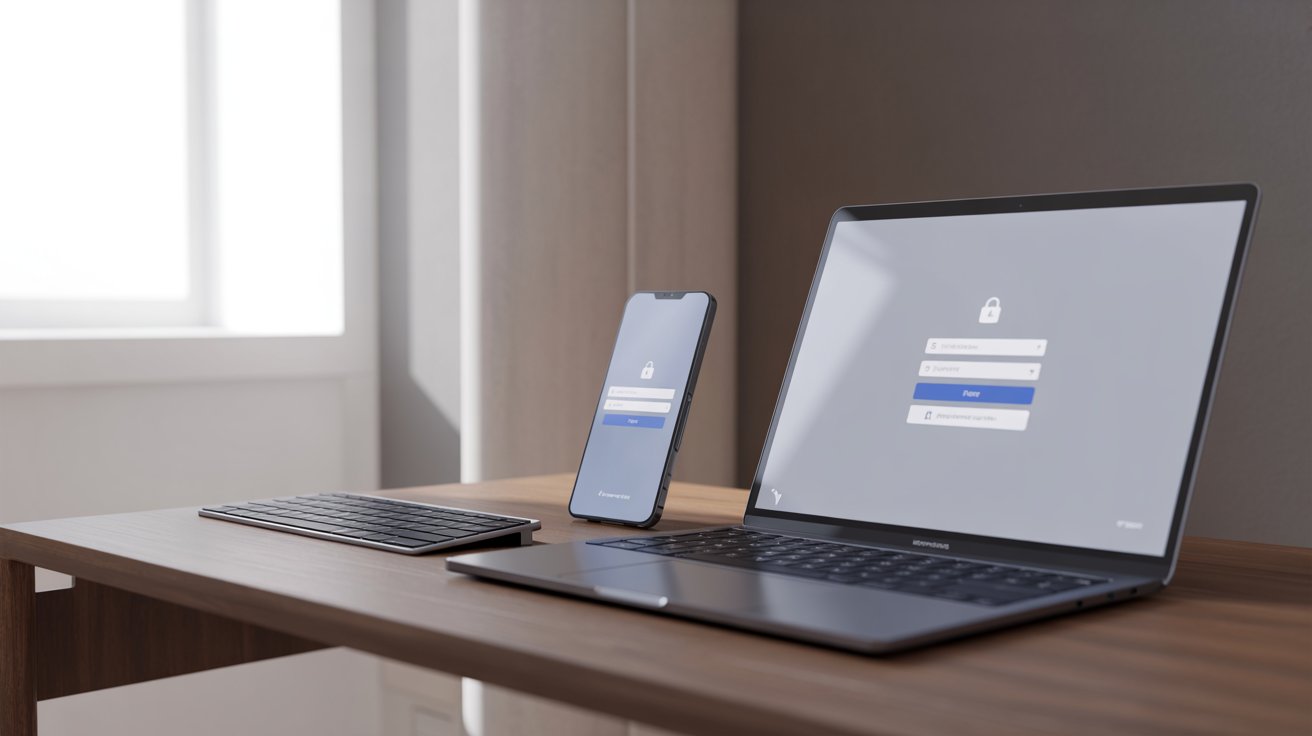 A laptop, smartphone, and keyboard arranged neatly on a wooden desk.