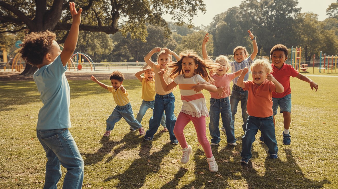 Kids following themed commands in an energetic outdoor game