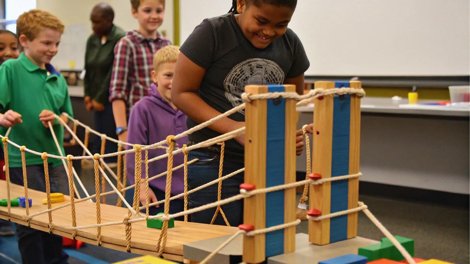Children smiling while building a rope bridge model together, teamwork STEM project, classroom, Activities for Autistic Kids.