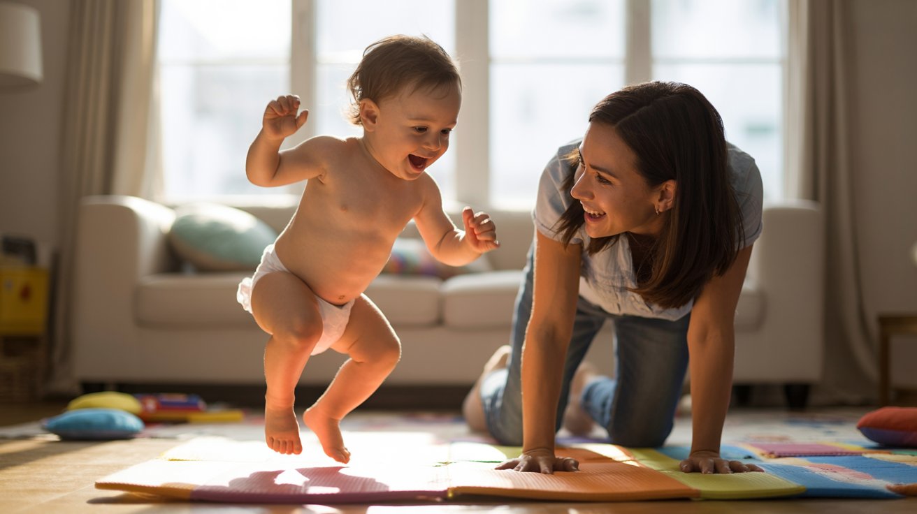 A woman and a baby are on a rug, playing a Game that involves jumping, crawling, and stomping.