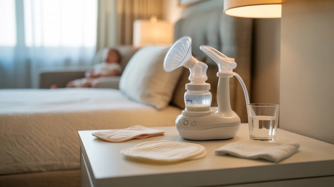 Breast pump placed with feeding essentials as must have baby item.