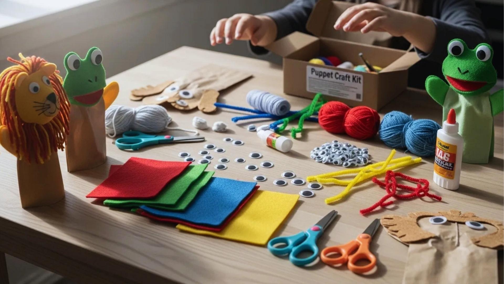 Craft table with felt, googly eyes, yarn, scissors, lion frog puppets, puppet kit.