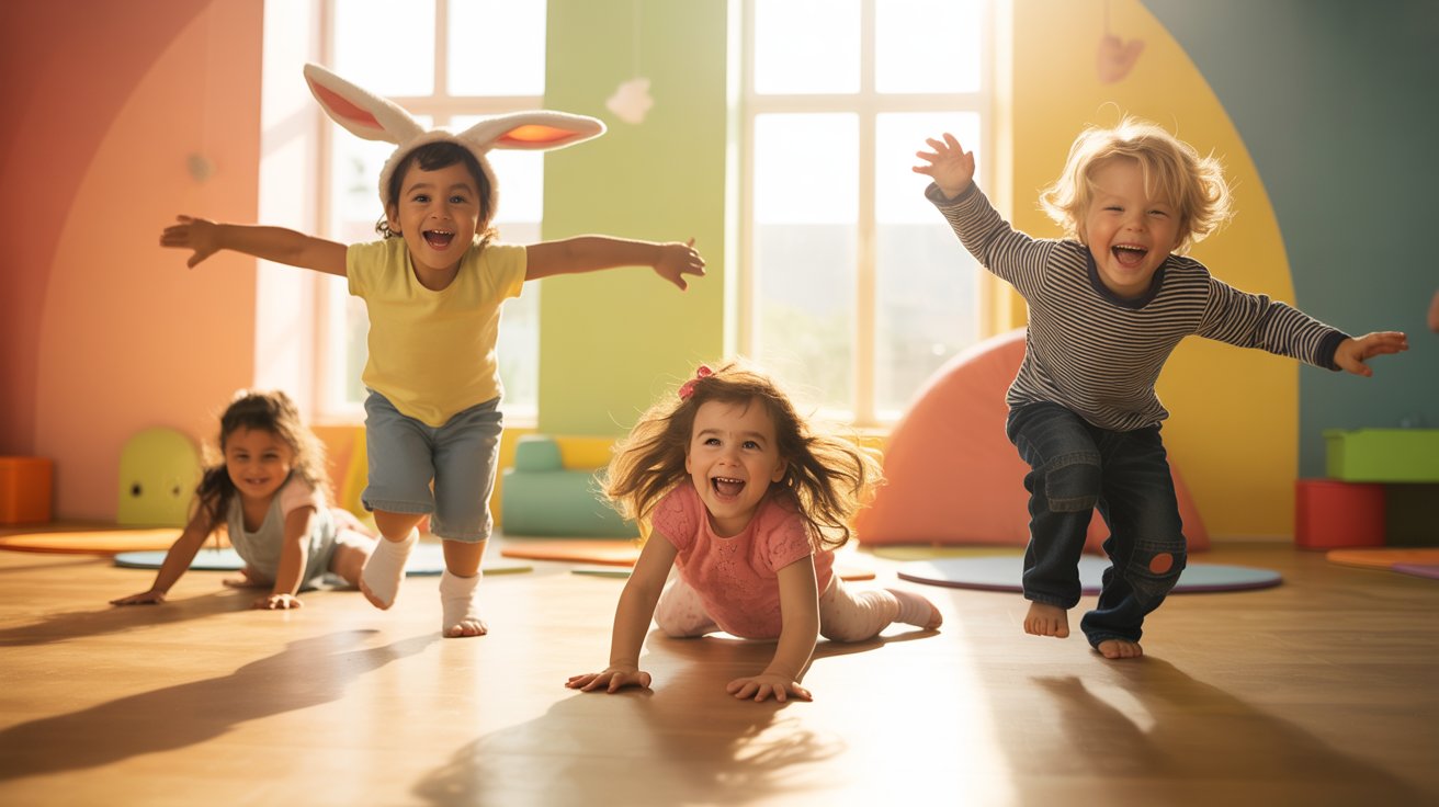 Children playing joyfully in a brightly colored room with vibrant walls.