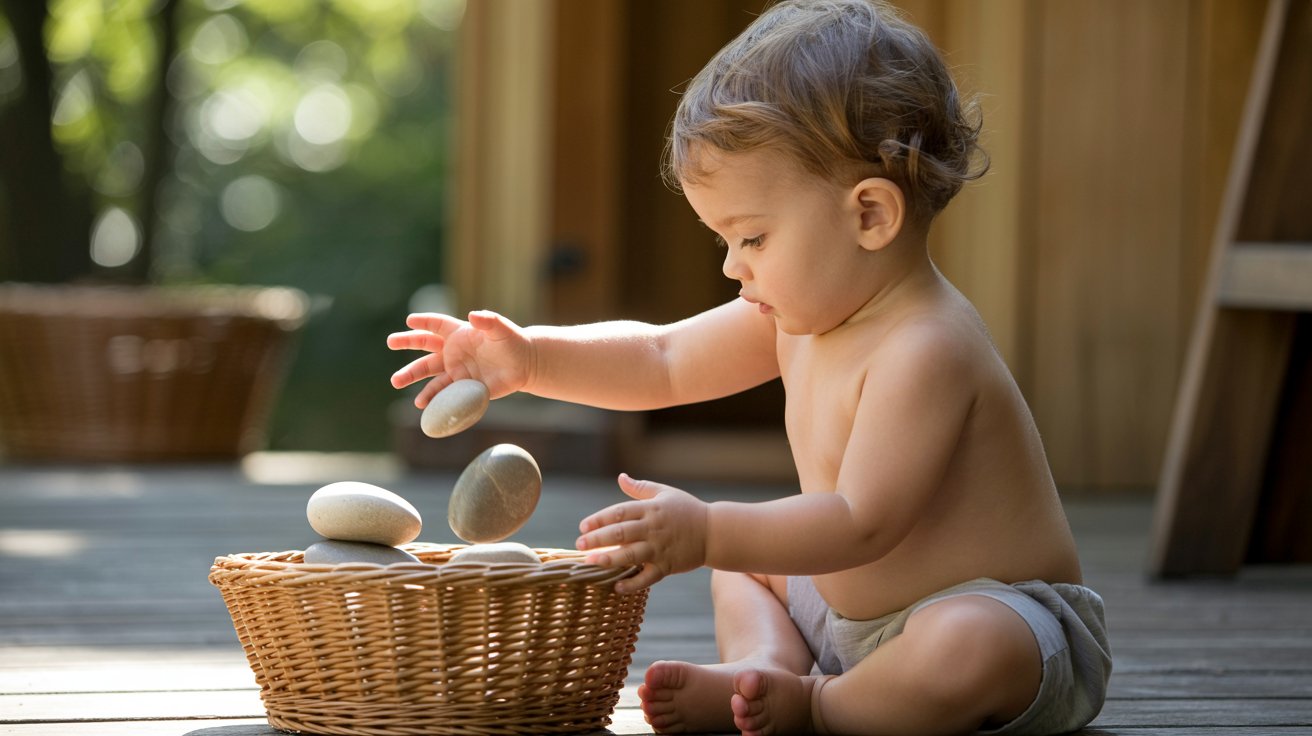 Toddler sorting large stones sensory play