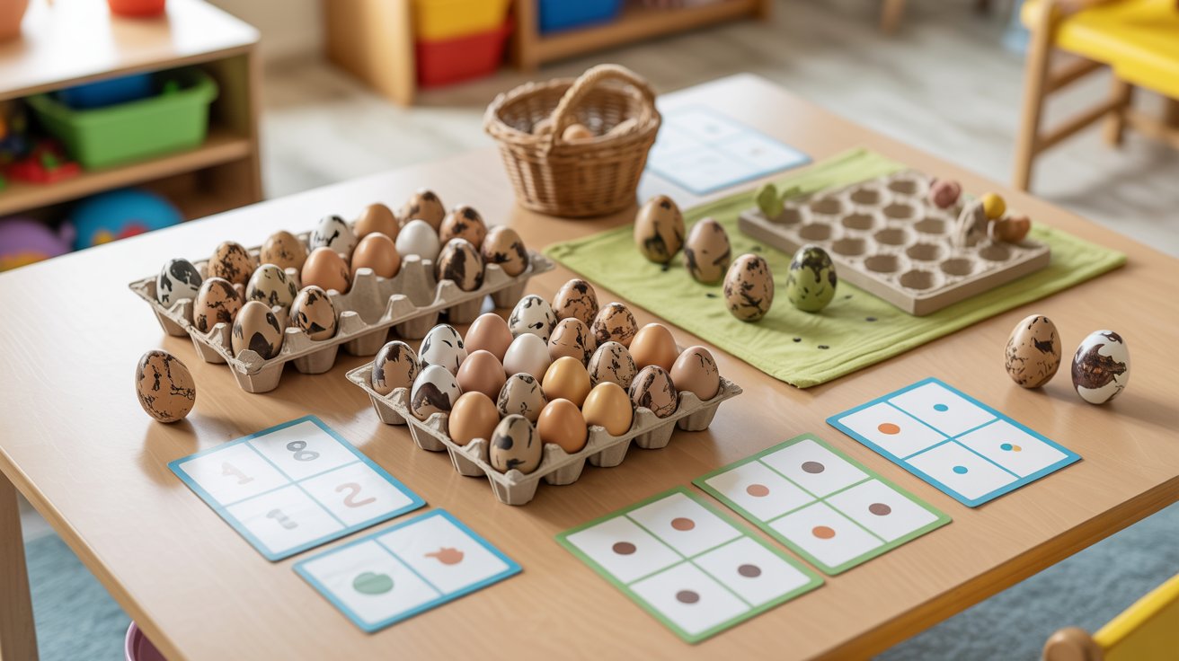 A tabletop filled with an array of eggs and cards, creating a vibrant and engaging visual display.