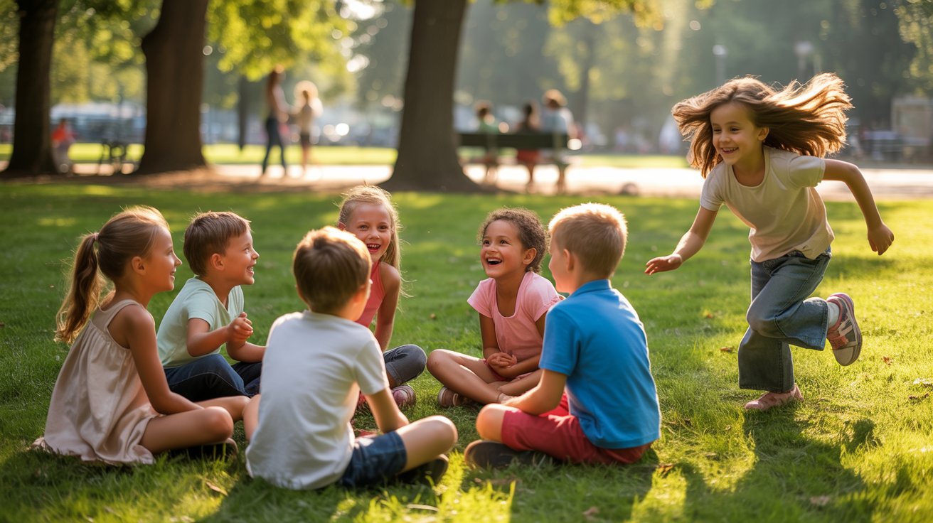 Children sitting in a circle while one runs around in a classic game
