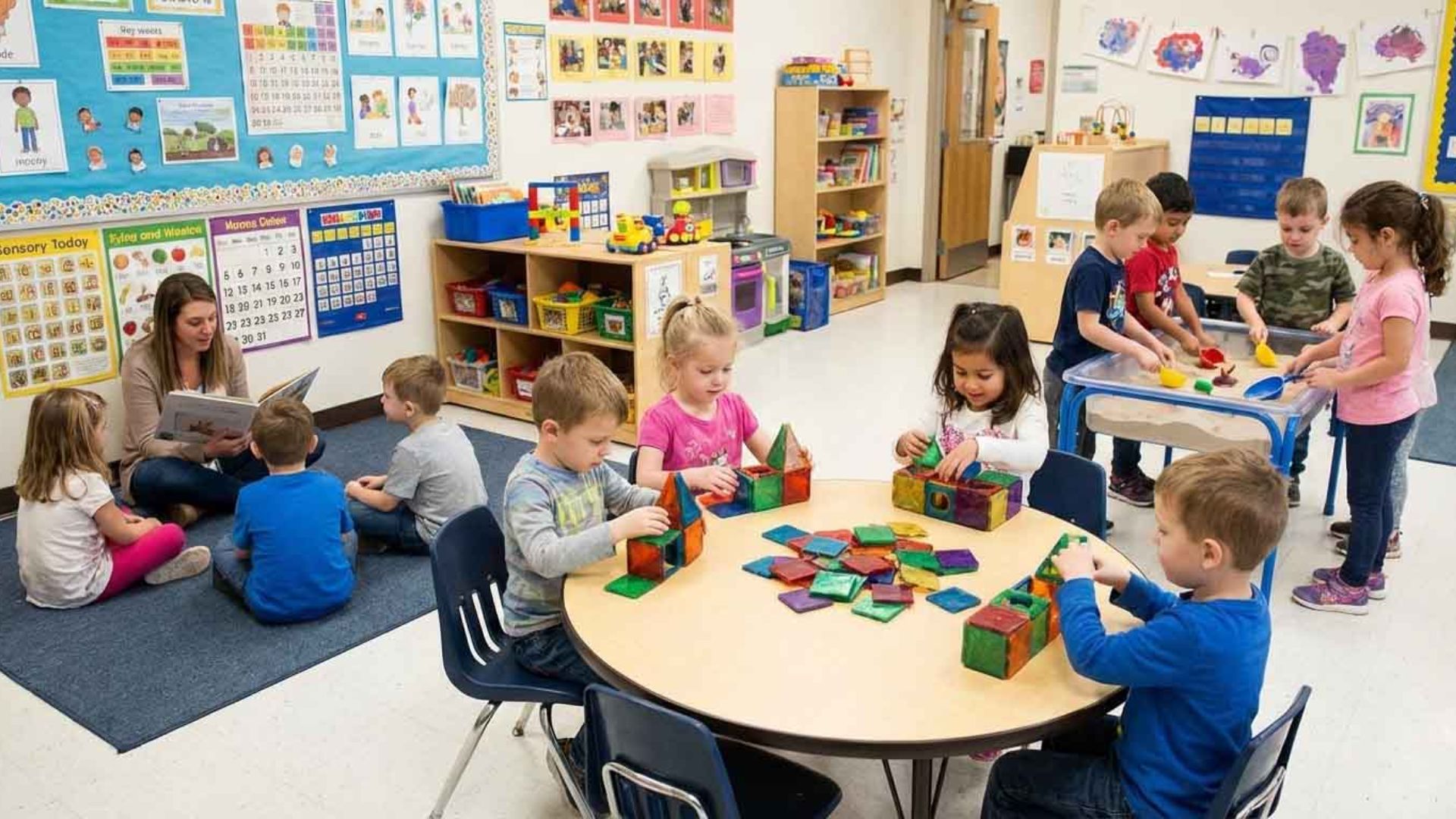 Preschool kids doing group activities in a classroom, with some building with magnetic tiles, others playing in a sensory table, and a teacher reading to a small group