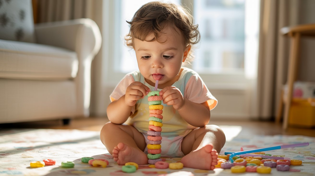 A baby joyfully playing with an assortment of colorful candy pieces scattered around.