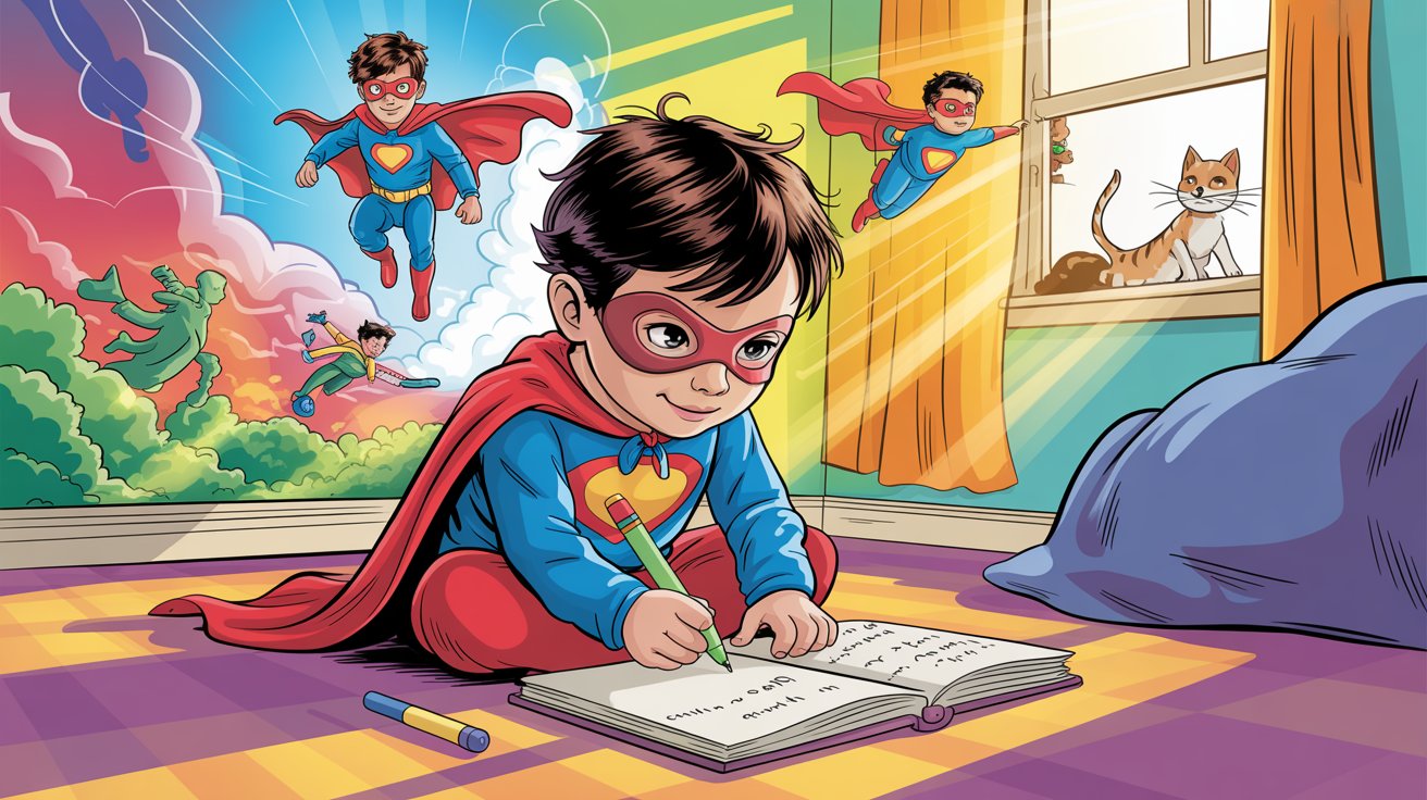 A young boy dressed as Superman writes in his book, focused and immersed in his creative activity.