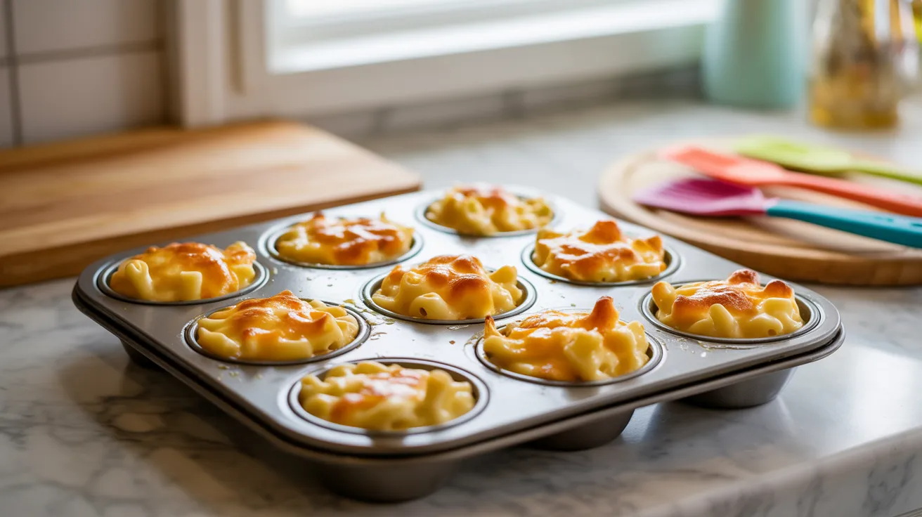 Mac and cheese cups in muffin tray as easy toddler meal prep portions.