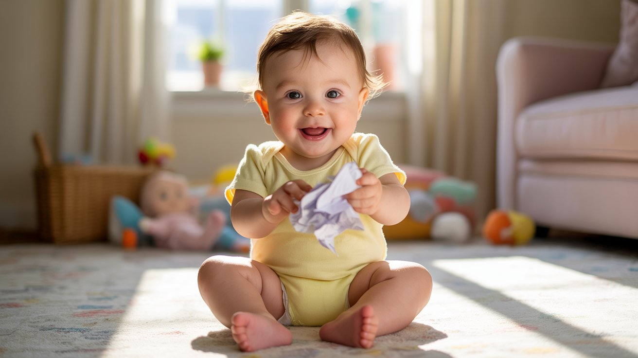 A baby sits on the floor, happily playing with a crumpled piece of paper, exploring its texture and sound.