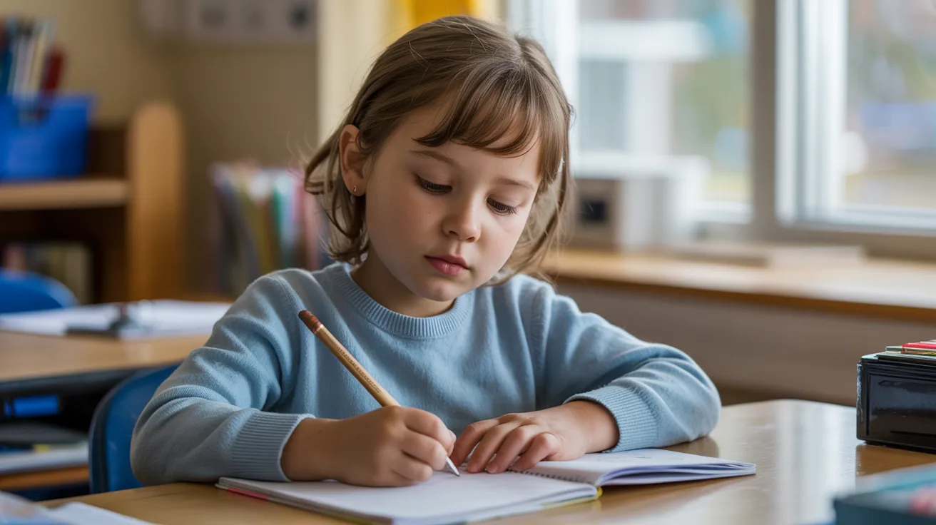 Child writing their own definition of respect in a notebook while sitting in a classroom with a focused and thoughtful expression
