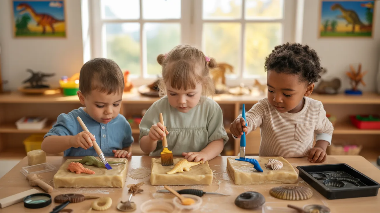 Preschool kids using soft brushes to uncover toy fossils embedded in clay during a hands-on dinosaur fossil dig activity.